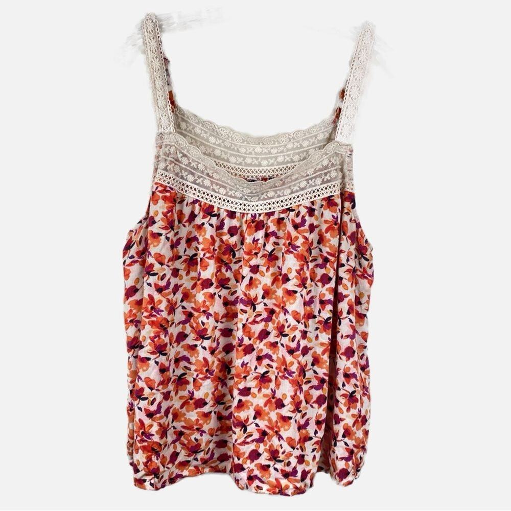 Torrid Gauze Crochet Detail Tank in Floral Pink Orange Womens Sz 1X Cottagecore